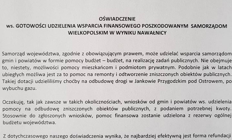 Wniosek Klubu Radnych SLD-UP w sprawie pomocy poszkodowanym gminom.